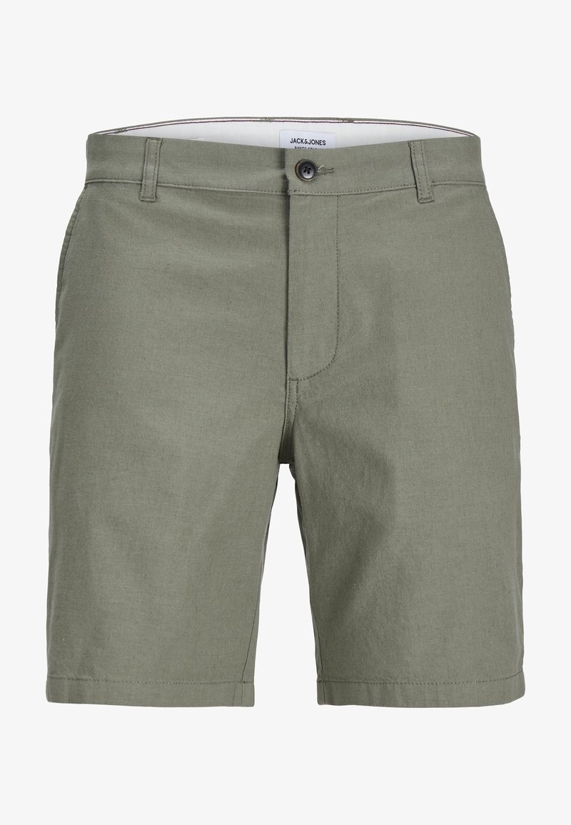 Shorts décontractés pour hommes en vert olive avec fermeture à bouton et zip, passants pour ceinture et poches avant.