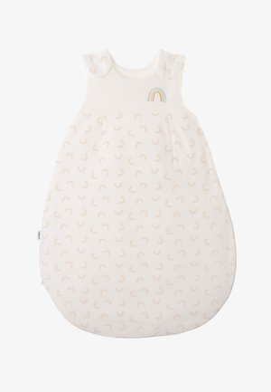 Baumwollschlafsack in Creme mit kleinen Regenbogenmustern. Verfügt über zwei Knöpfe an den Schultern und eine dekorative Regenbogenapplikation.