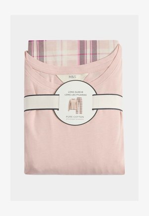Pigiama lungo rosa in puro cotone, presentato con un design a quadri sui pantaloni, fissato con una fascia bianca e nera.