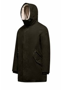 Giacca parka verde scuro con cappuccio, dotata di un morbido rivestimento beige, due tasche frontali inclinate e una texture liscia.