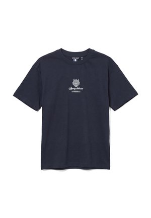 T-shirt blu navy scuro a maniche corte con piccolo stemma bianco e scritta "Antony Morato" centrata sul petto.