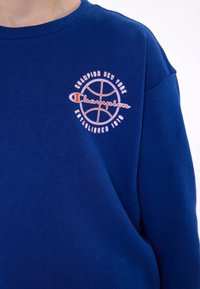 Sweat bleu avec un logo de basket-ball circulaire et le texte "Champion New York Established 1919" sur la poitrine.