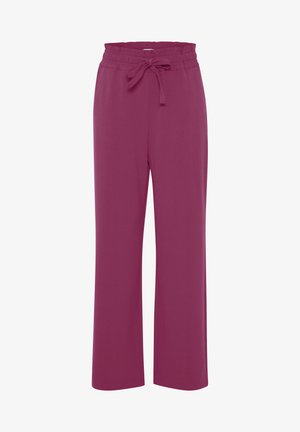 Burgundi värvi laiad püksid, millel on elastne vöökoht ja lipsu detail. Valmistatud siledast kangast, sirge siluetiga ja ilma nähtavate mustriteta.