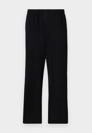 Schwarze, plissierte Hose mit elastischem Bund, geradem Beinschnitt und strukturiertem Stoff. Keine sichtbaren Taschen oder Akzente.