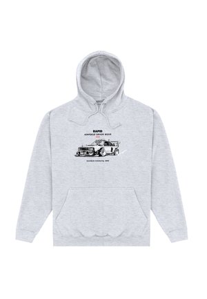 Lysegrå hoodie med et sort og hvidt vintage racerbilsdesign og teksten "RAPID Xtreme Track Star" centreret på brystet.