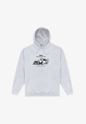 Sweat à capuche gris clair avec un graphisme de voiture de course vintage en noir et blanc et le texte "RAPID Xtreme Track Star" centré sur la poitrine.