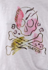 White t-shirt featuring a colorful graphic of a skull outlined in black and pink, with crossbones below and the word "SCALPERS" in a playful font.