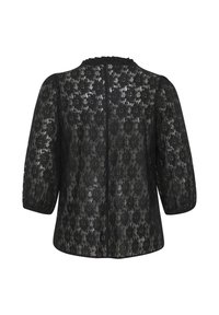 Blouse en dentelle noire avec un motif floral, des manches bouffantes trois quarts et un col à volants, dotée d'une fermeture éclair à l'arrière pour un enfilage facile.