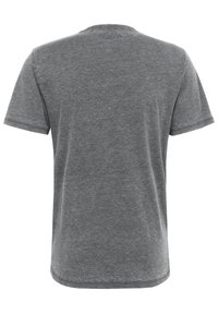 Grå bomulls T-shirt, korta ärmar, rundad hals, mjuk textur, enkel design utan mönster eller detaljer.