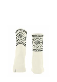 Strickstrümpfe in Elfenbein mit einem gemusterten schwarzen Bund, der geometrische Designs zeigt; glatte Textur und gerippter unterer Teil für den perfekten Sitz.