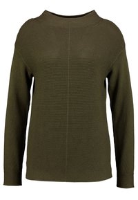 Olivgrüner Strickpullover mit weitem Ausschnitt und langen Ärmeln, einem strukturierten Muster und gerippten Bündchen.