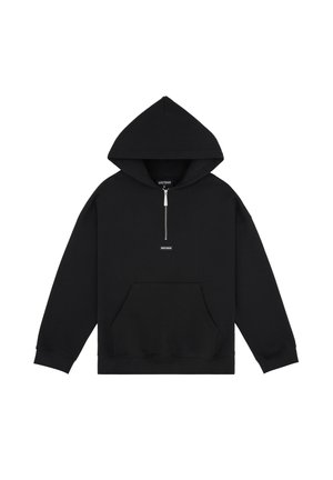 Black hooded sweatshirt made of soft fabric with a front pouch pocket, a half zipper, and a small logo on the chest.
