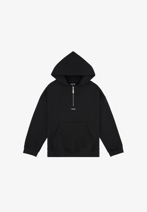 Black hooded sweatshirt made of soft fabric with a front pouch pocket, a half zipper, and a small logo on the chest.