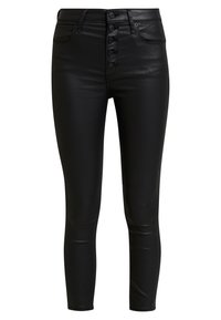 Černé skinny džíny z umělé kůže s vysokým pasem, s předním zapínáním na knoflík, pěti kapsami a hladkým, lesklým povrchem.