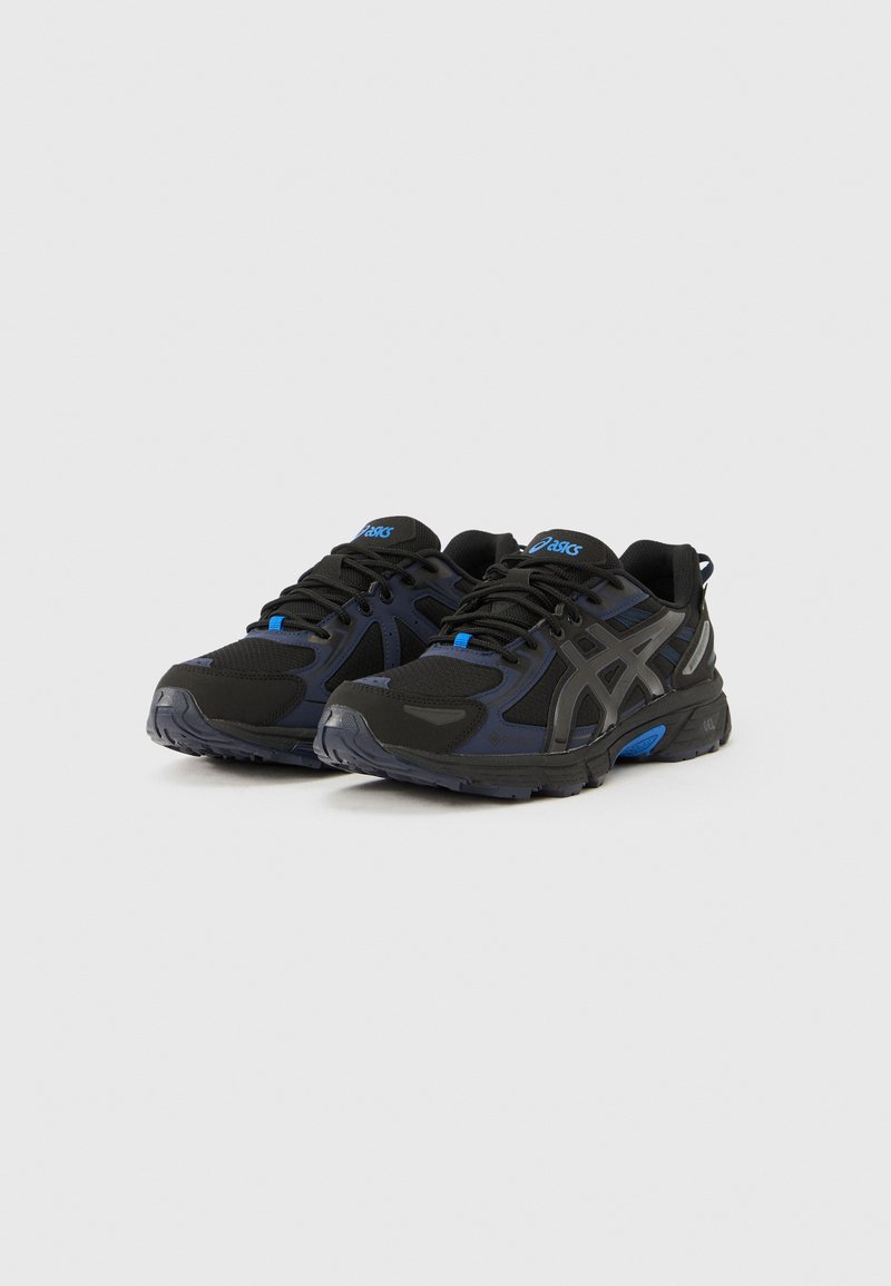 Black and navy athletic shoes with mesh upper, blue accents, and gray branding. Features black laces and textured rubber sole.