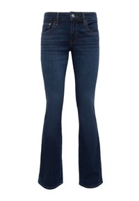Flared dark blue denim jeans with classic five-pocket design, button and zipper closure, and contrasting stitching along the seams.