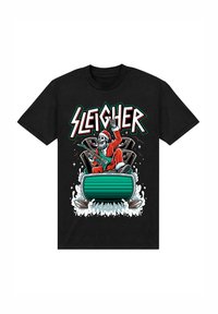 Černé bavlněné tričko s barevným grafickým motivem kostlivce v kostýmu Santa Clause na zeleném saních, obklopeného zvukovým vybavením a barevnými stříkanci.