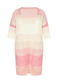 Cardigan a maglia aperta con una gradazione di strisce rosa e crema, con maniche a 3/4 e una silhouette rilassata. Motivo testurizzato in tutto il capo.