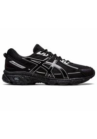 Schwarzer ASICS Gel-Venture 6 Laufschuh mit reflektierenden silbernen Details und gesprenkelter Außensohle, Seitenansicht vor weißem Hintergrund.