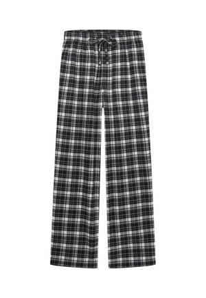 Zwart-wit geruite pyjamabroek met een losse pasvorm, elastische tailleband en trekkoordsluiting. Zachte stoftextuur en wijdere pijp.