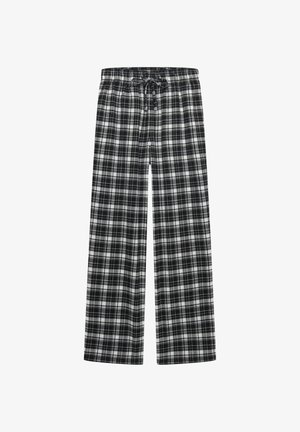 Czarno-białe, w kratkę spodnie od piżamy o luźnym kroju, z elastycznym pasem i ściągaczem do regulacji. Miękka faktura materiału i szerokie nogawki.
