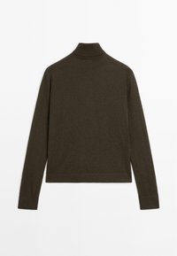 Pull à col roulé vert olive foncé à manches longues avec poignets et ourlet côtelés, posé à plat sur un fond blanc.