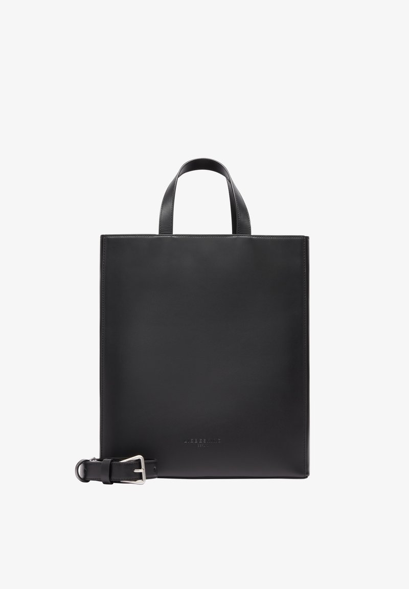Black leather tote bag with a minimalist design, featuring rounded handles and an adjustable strap. Smooth texture with no visible patterns.