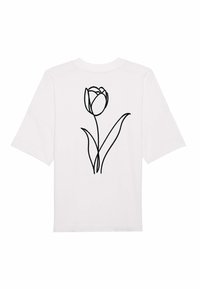 Witte katoenen t-shirt met korte mouwen en een zwart omrand grafisch ontwerp van een tulp en bladeren op de achterkant. Basis ontwerp met ronde hals.