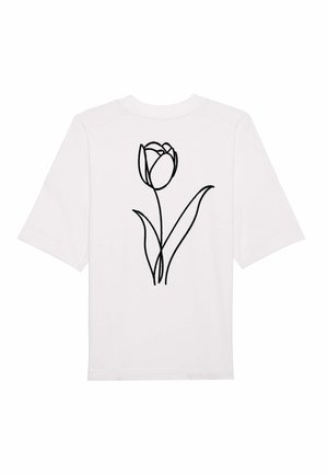 T-shirt en coton blanc à manches courtes avec un graphique en contour noir d'une tulipe et de feuilles au dos. Design basique à col rond.