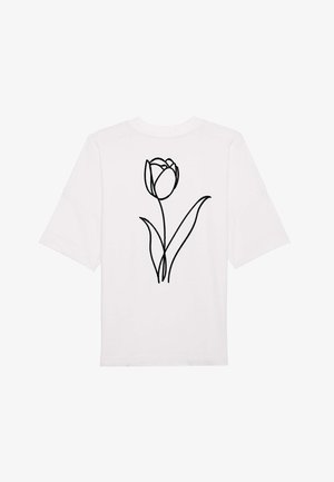 Witte katoenen t-shirt met korte mouwen en een zwart omrand grafisch ontwerp van een tulp en bladeren op de achterkant. Basis ontwerp met ronde hals.