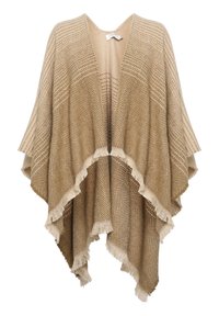 Beige poncho med en fiskbensmönster, med fransade kanter. Mjuk textur och öppen frontdesign, lämplig för lager-på-lager.