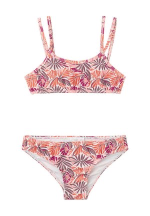 Maillot de bain deux pièces avec bretelles doubles et motif de feuilles multicolores dans des tons de violet, orange et rose sur fond blanc.