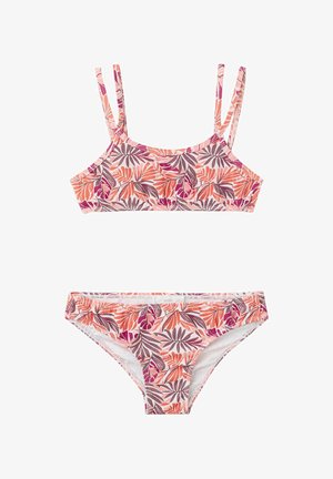 Maillot de bain deux pièces avec bretelles doubles et motif de feuilles multicolores dans des tons de violet, orange et rose sur fond blanc.
