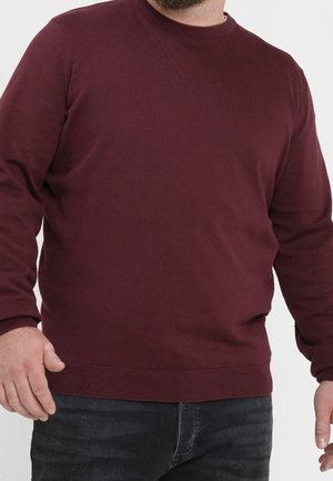 Homme portant un pull bordeaux uni à col rond et un jean foncé, debout devant un fond blanc, cadré aux épaules et aux hanches.