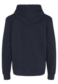 Mörkblå sweatshirt med huva, ribbad mudd och nederkant. Tillverkad av ett mjukt, texturerat tyg med en enkel, odekorerad design.