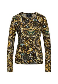 Langärmliges Hemd aus schwarzem Stoff mit einem goldenen und grünen Barockmuster, das runde Motive und Edelsteindetails aufweist. Gerundeter Ausschnitt.