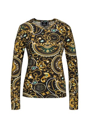 Langarmshirt in zwarte stof met een gouden en groene barok patroon, voorzien van cirkelvormige motieven en edelsteenaccenten. Ronde halslijn.