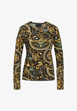 Long-sleeve shirt in black fabric featuring a gold and green baroque pattern with circular motifs and gem accents. Rounded neckline.