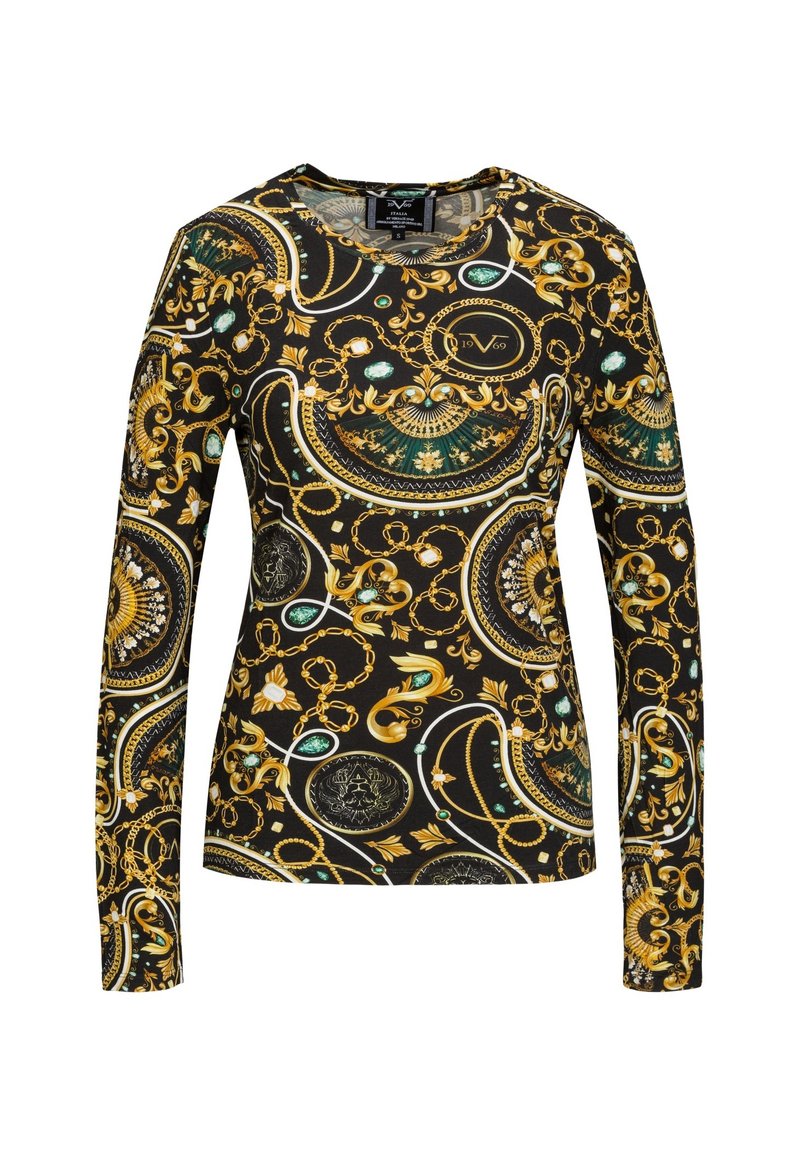 Langärmliges Hemd aus schwarzem Stoff mit einem goldenen und grünen Barockmuster, das runde Motive und Edelsteindetails aufweist. Gerundeter Ausschnitt.