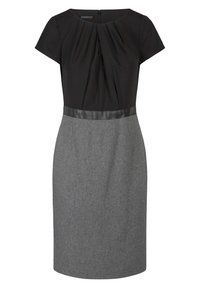 Robe noire à manches courtes avec un buste plissé et une jupe en laine grise, dotée d'une taille en cuir et d'une fermeture éclair au dos.