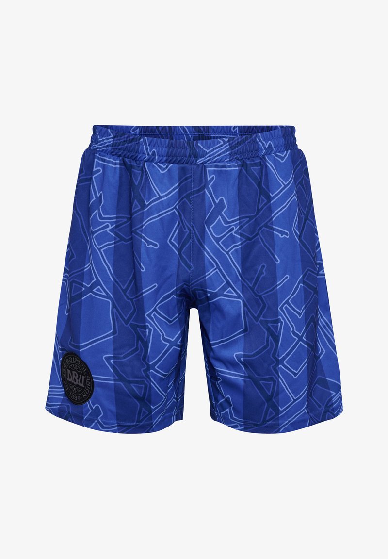 Blaue Schwimmshorts mit elastischem Bund und einem geometrischen Muster in hellblau. Mit einem schwarzen runden Logo auf dem linken Bein.