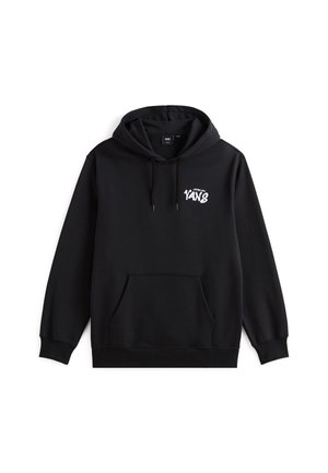 Czarna bluza z kapturem, wykonana z mieszanki bawełny, z kieszenią kangurką, kapturem ze sznurkiem oraz białym logo "YANS" na klatce piersiowej.