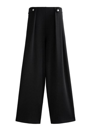 Højtaljede sorte vidde-buks med brede ben og forstykke med knapdetaljer ved linningen, uden synlige lommer eller pynt.