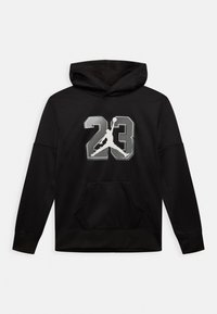 Schwarzer Hoodie mit einer großen grauen "23" und einer weißen Jumpman-Silhouette auf der Rückseite. Er hat eine vordere Kängurutasche und eine reguläre Passform.