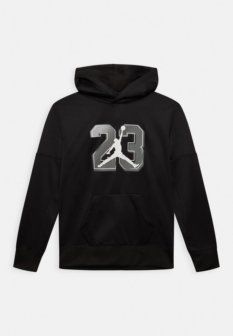 Schwarzer Hoodie mit einer großen grauen "23" und einer weißen Jumpman-Silhouette auf der Rückseite. Er hat eine vordere Kängurutasche und eine reguläre Passform.