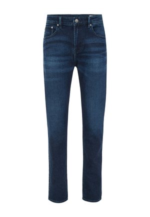 Temno modre kavbojke z ravnimi hlačnicami in srednje visokim pasom, z gumbom spredaj, zadrgo ter petimi žepi.