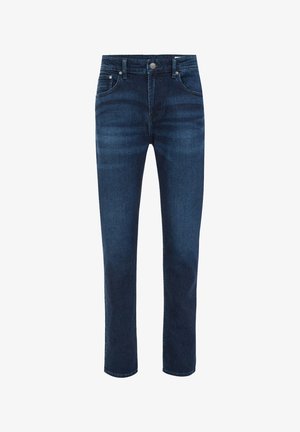 Temno modre kavbojke z ravnimi hlačnicami in srednje visokim pasom, z gumbom spredaj, zadrgo ter petimi žepi.