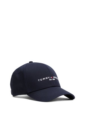 Marineblå baseballkasket med buet skygge, broderet "Tommy Hilfiger Est. 1985" og rød, hvid og blå logo foran, justerbar bagrem.