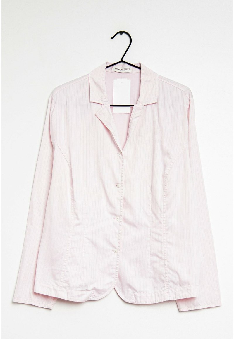 Light pink button-up shirt with long sleeves, collar, and vertical stripes, featuring a tag and a curved hem. Smooth fabric texture.