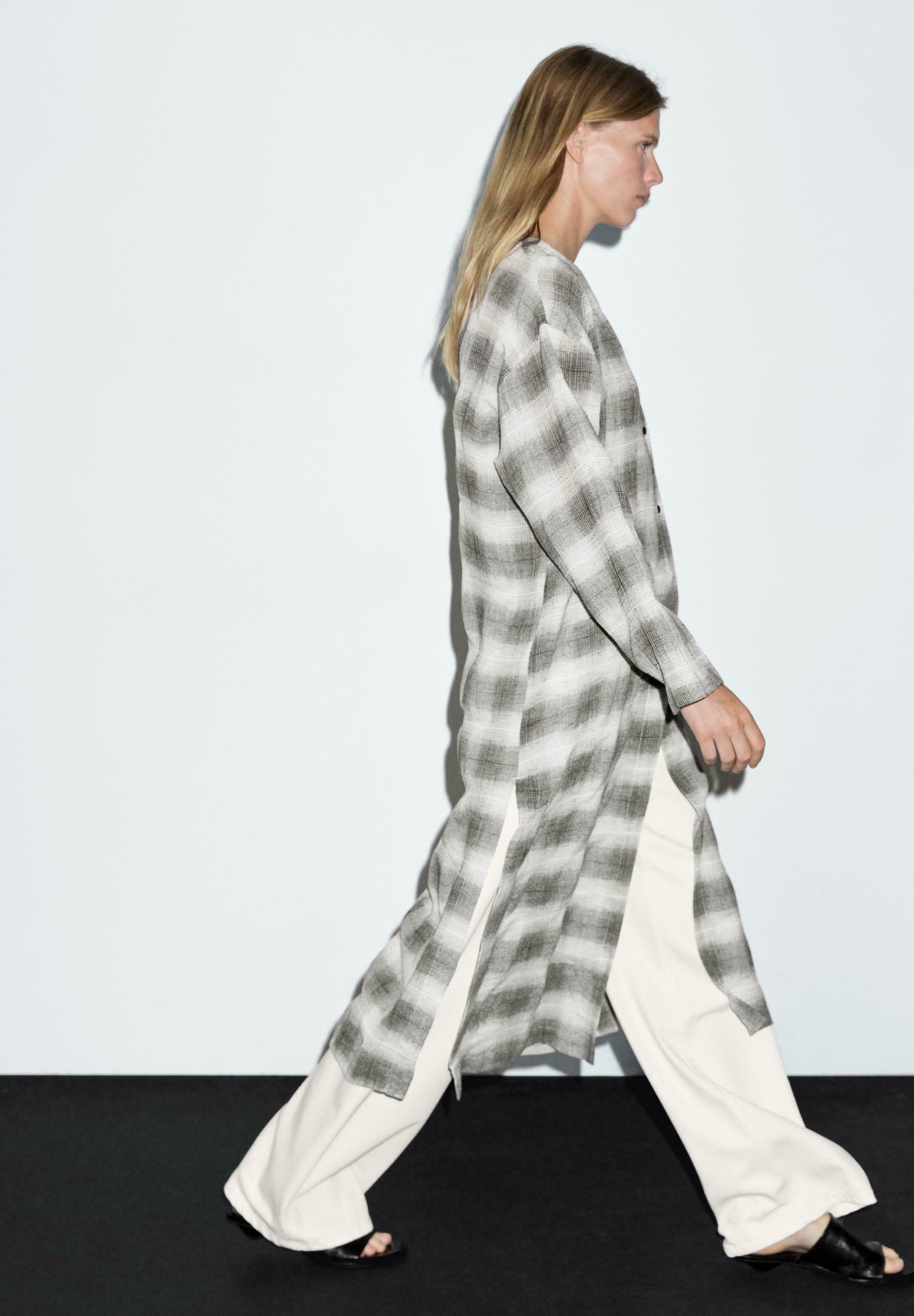 Massimo Dutti LONG CHECK TUNIC DRESS - Shirt dress - grey